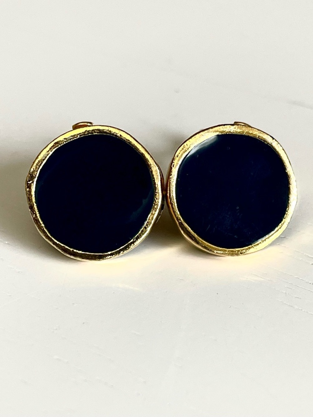 Vintage Black Cabochon & Gold Bezel Round Clip Earrings Minimalist Artisan Goth
